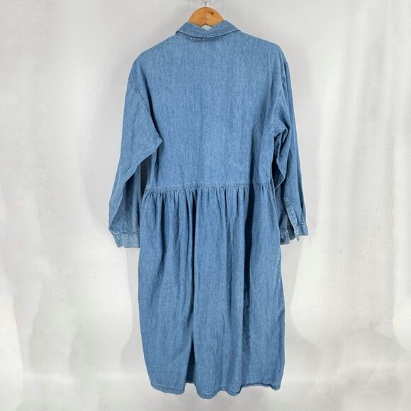 Vintage Capacity Denim Midi Dress Embroidered Floral Western Size Large Cottage - Picture 2 of 11